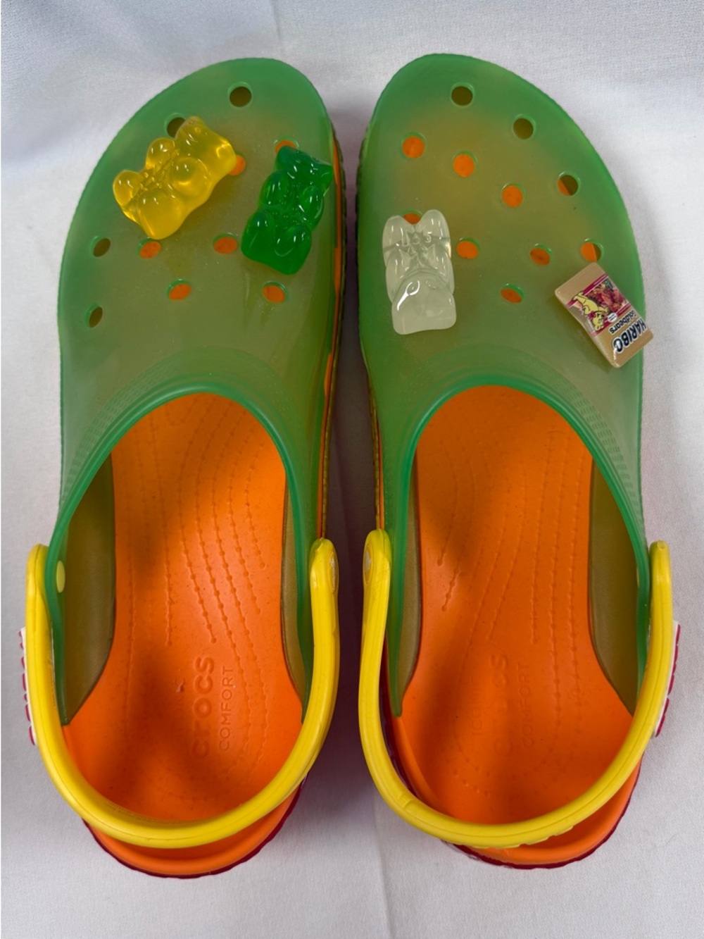 CROCS Kids Translucent Green Clog with Orange Footbed and Yellow Strap